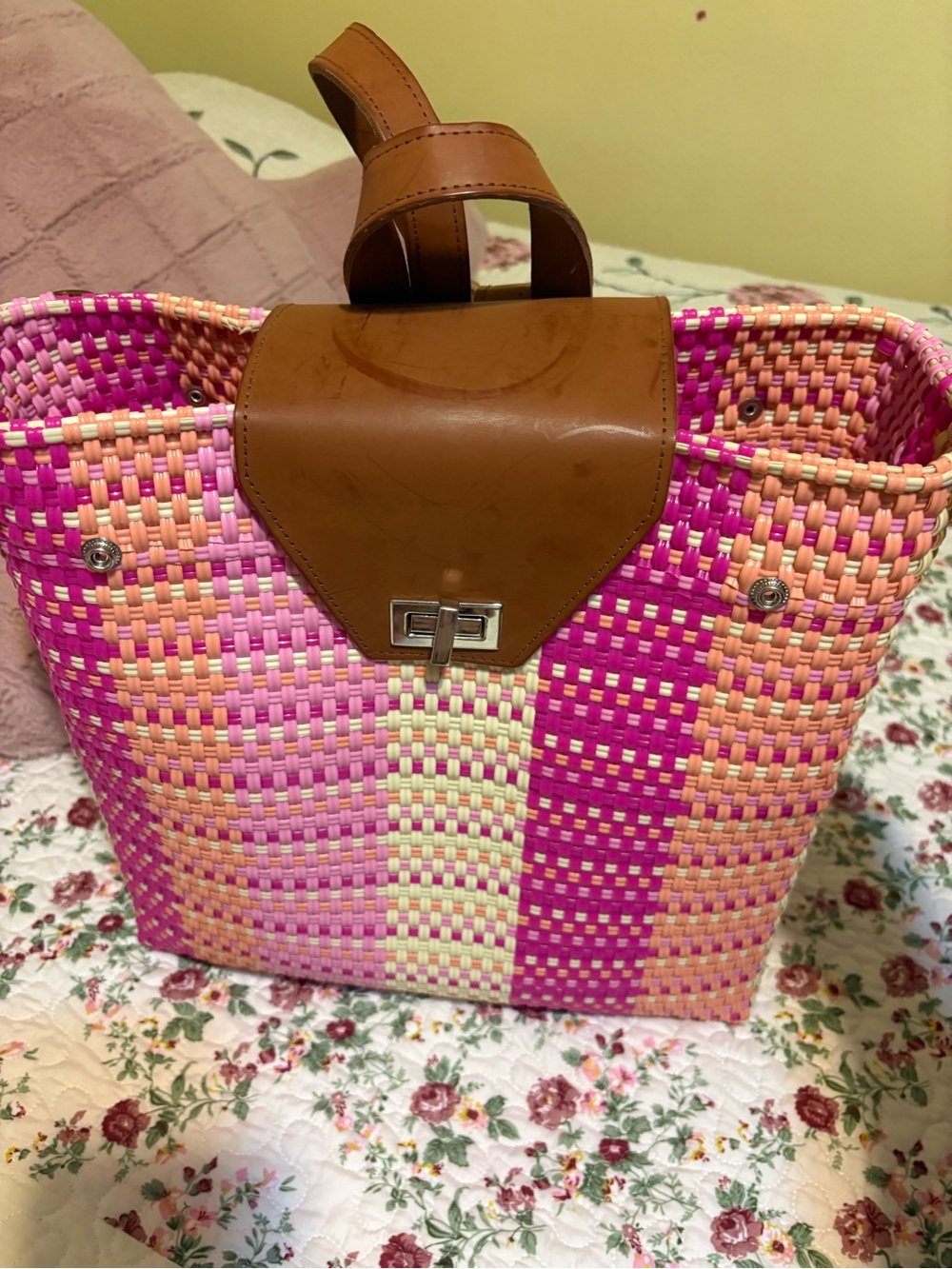 Woven Pink & Peach Tote Bag with Brown Leather Trim